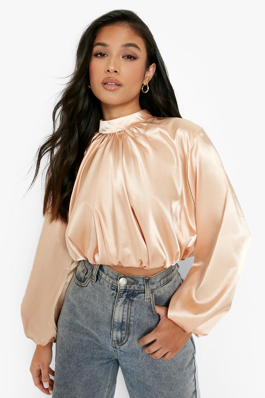 Champagne Petite Satin High Neck Puff Sleeve Blouse image number 1
