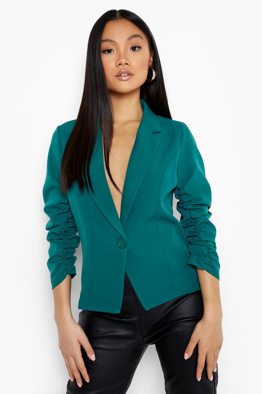 Green Petite Ruched Sleeve Slim Fit Blazer image number 1