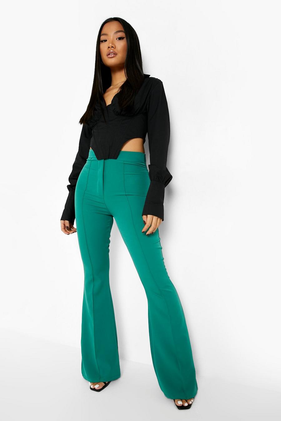 Green Petite Seam Detail Flared Tailored Trouser