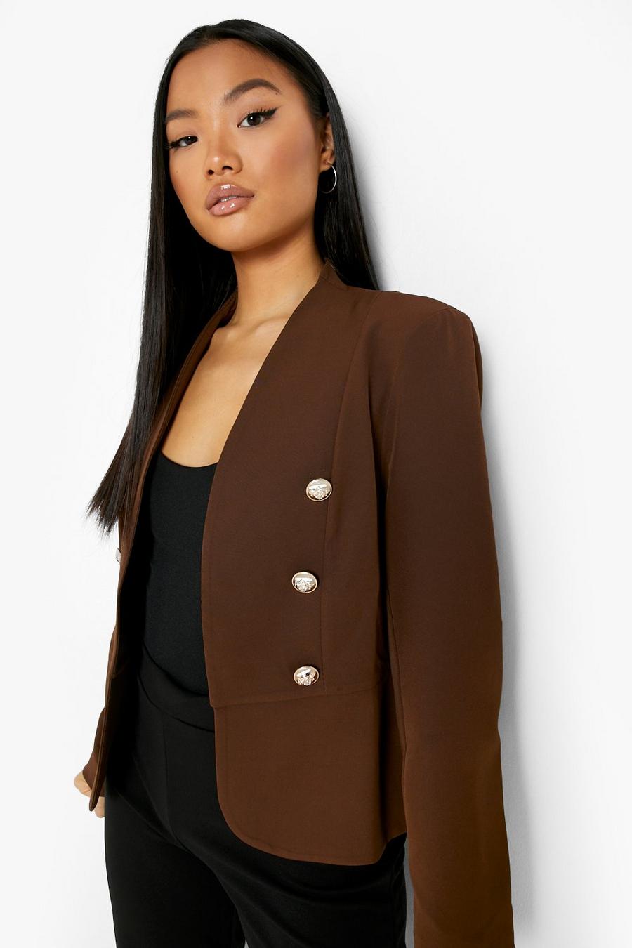 Chocolate Petite Gold Button Double Breasted Blazer image number 1