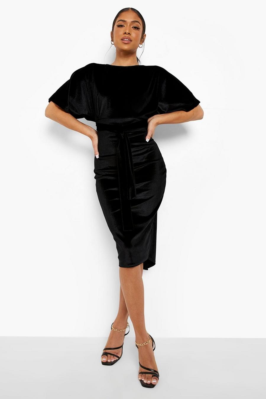 Black Petite Velvet Tie Waist Wiggle Midi Dress
