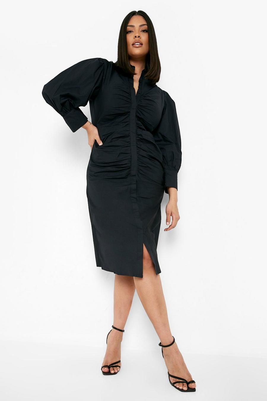 Black Plus Cotton Ruched Midi Shirt Dress image number 1