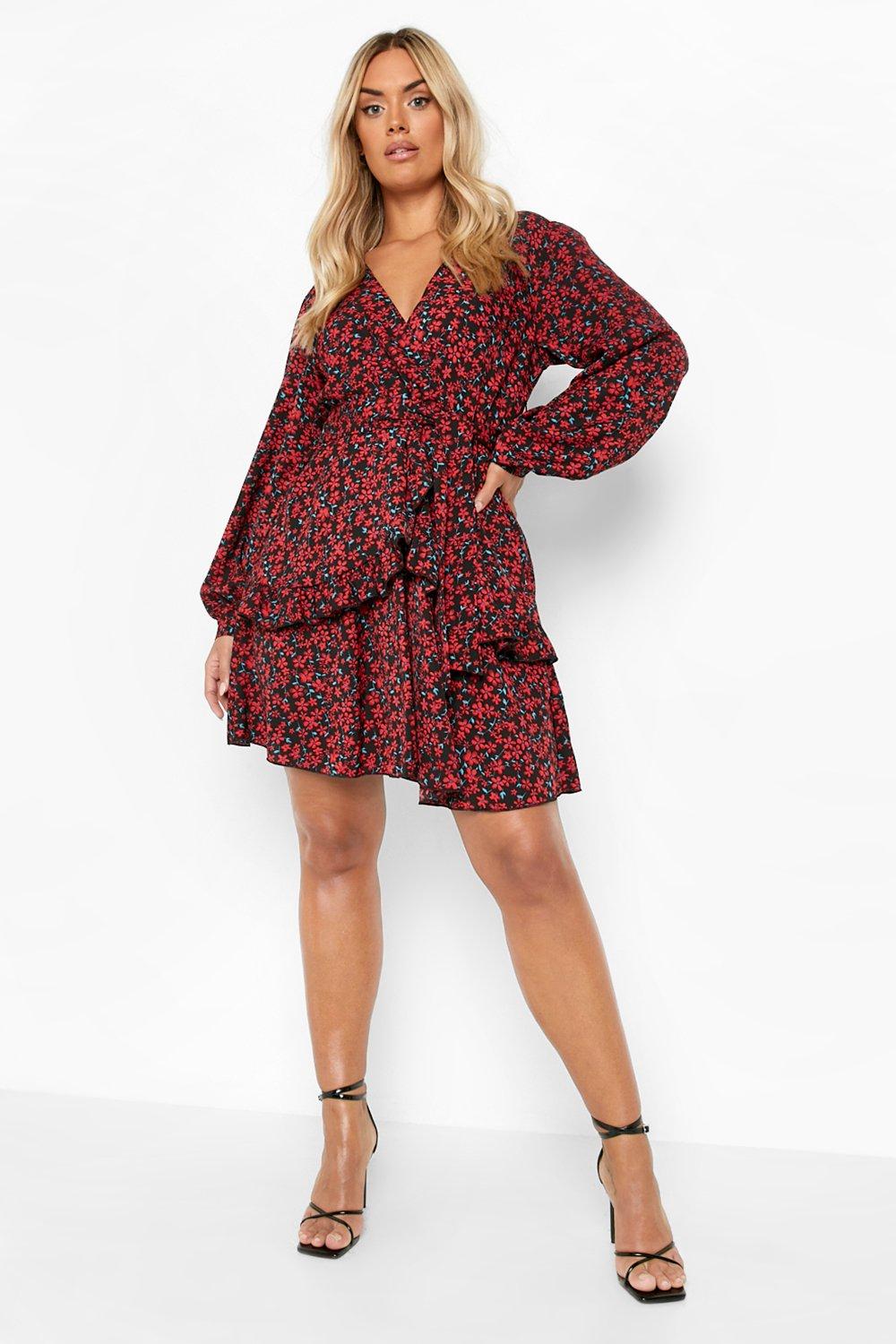 Plus Floral Raffle Wrap Skater Dress