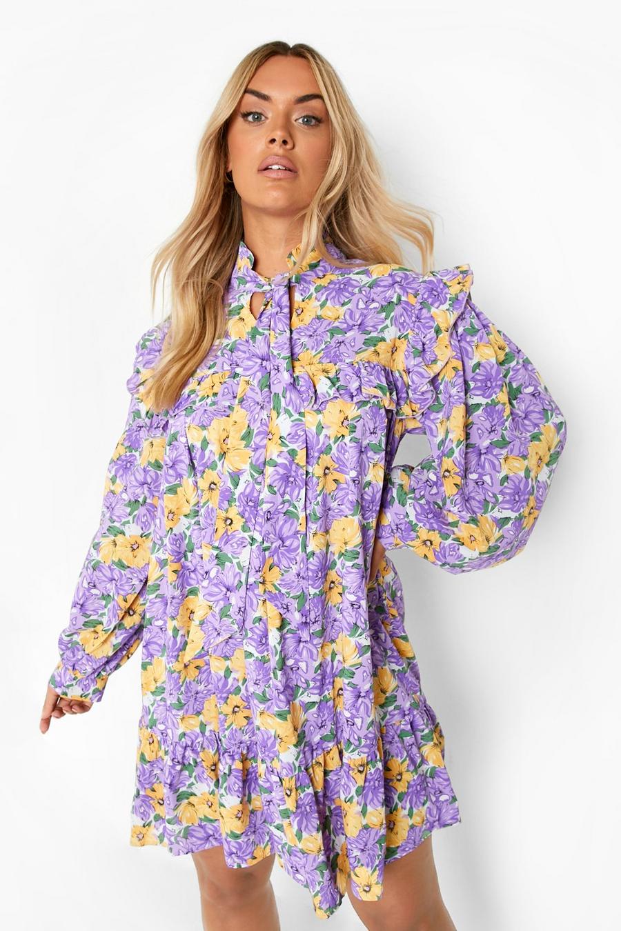 Purple Plus Floral Pussybow Smock Dress image number 1