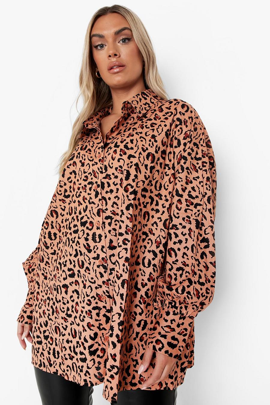 Brown Plus Leopard Poplin Oversized Shirt image number 1