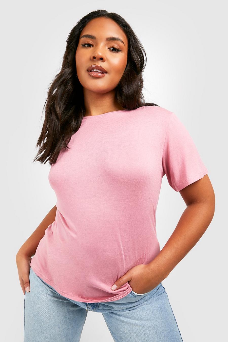T-shirt Plus Size Basic con scollo rotondo, Rose