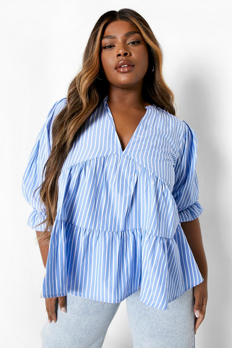 Blue Plus Striped Tiered Smock Top image number 1