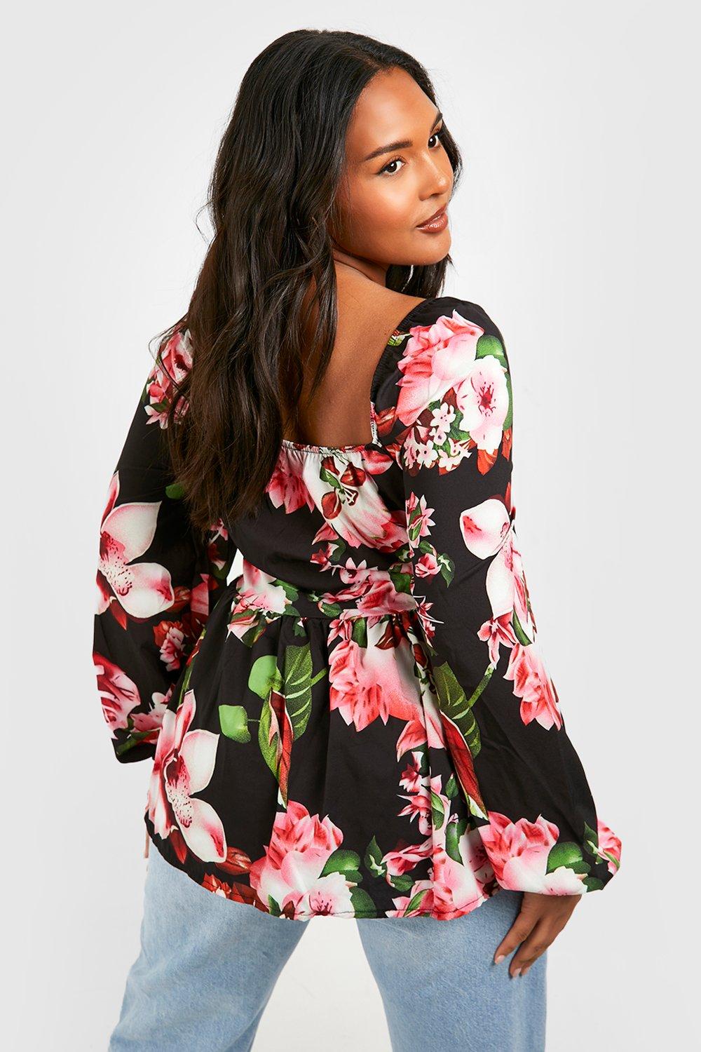 Black floral peplum top online