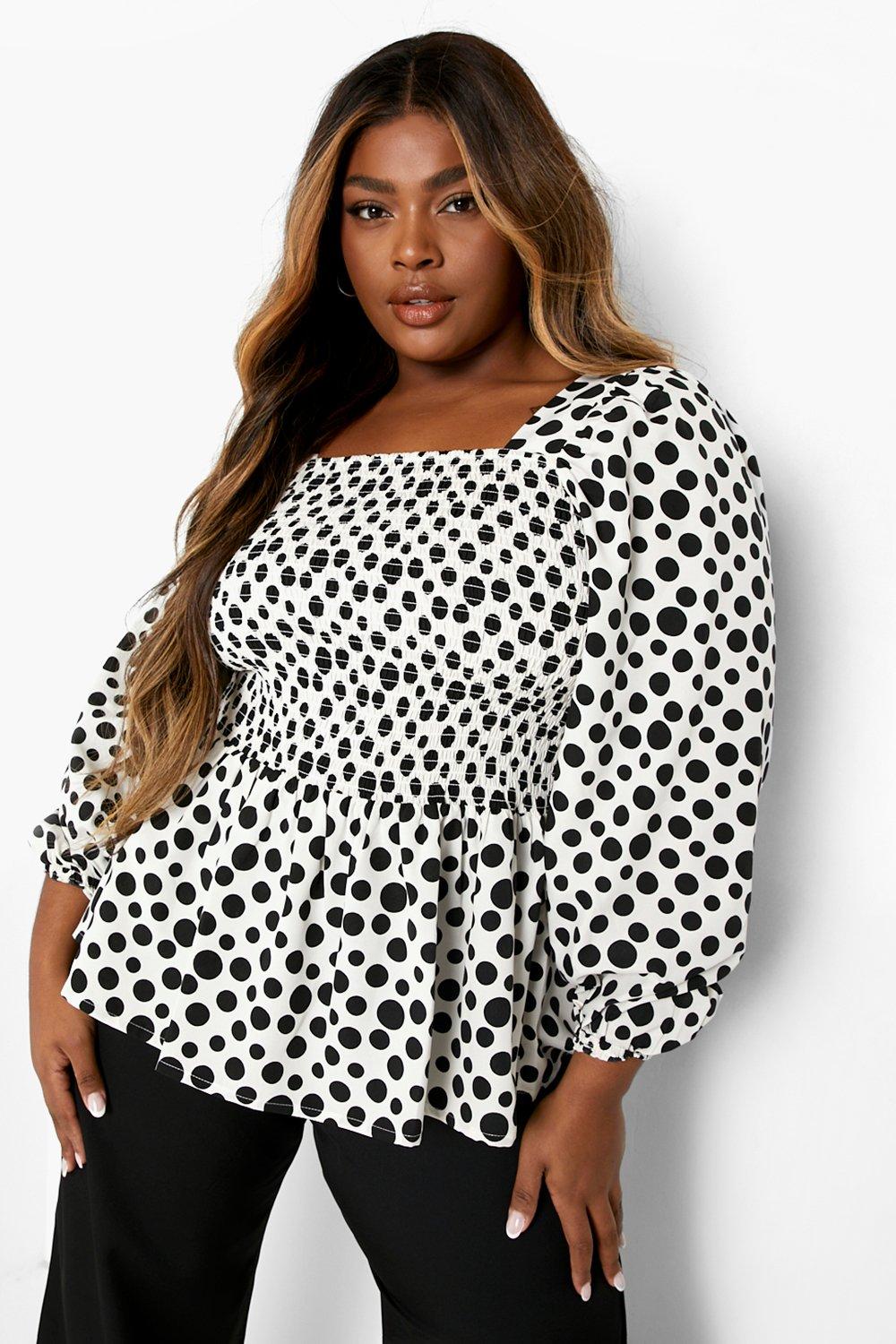 Plus Polka Shirred Peplum Top