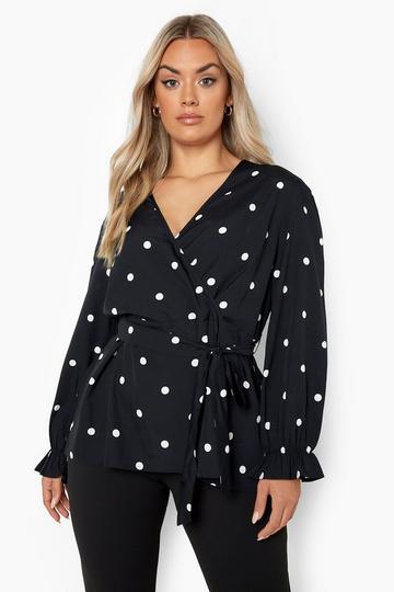 Plus Polka Dot Belted Wrap Top black