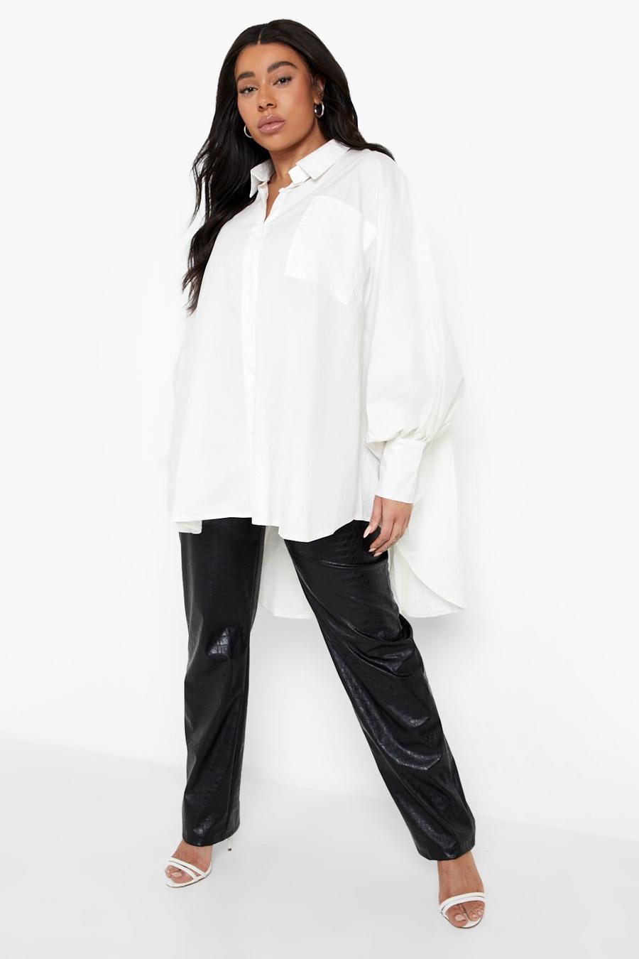 Camicia Plus Size oversize con fondo asimmetrico, White