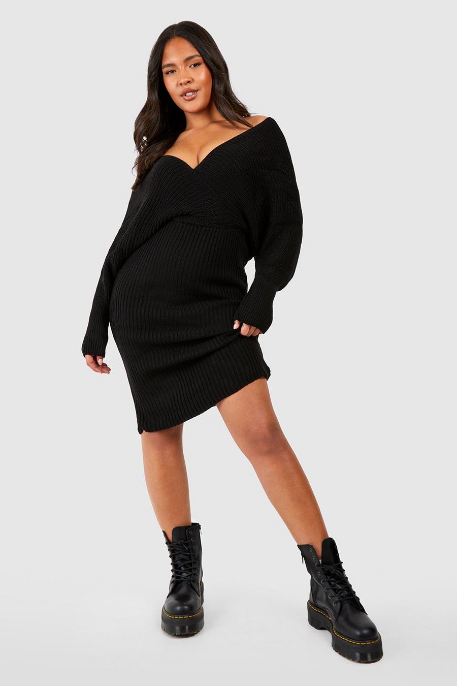 שחור black שמלת סוודר בסריגת ריב עם כתפיים חשופות, מידות גדולות