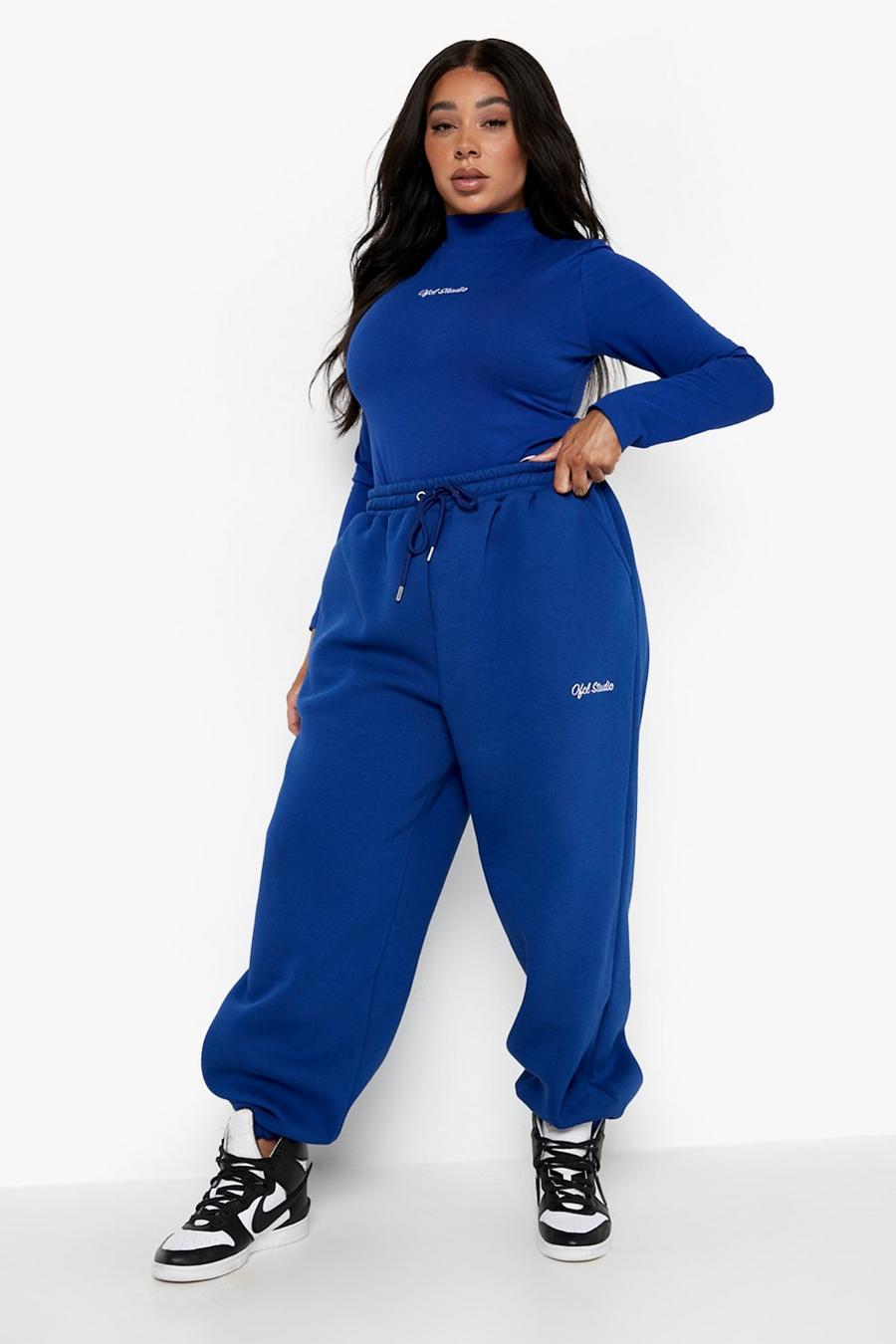 Set Plus Size body & pantaloni tuta Ofcl con ricami, Cobalt image number 1