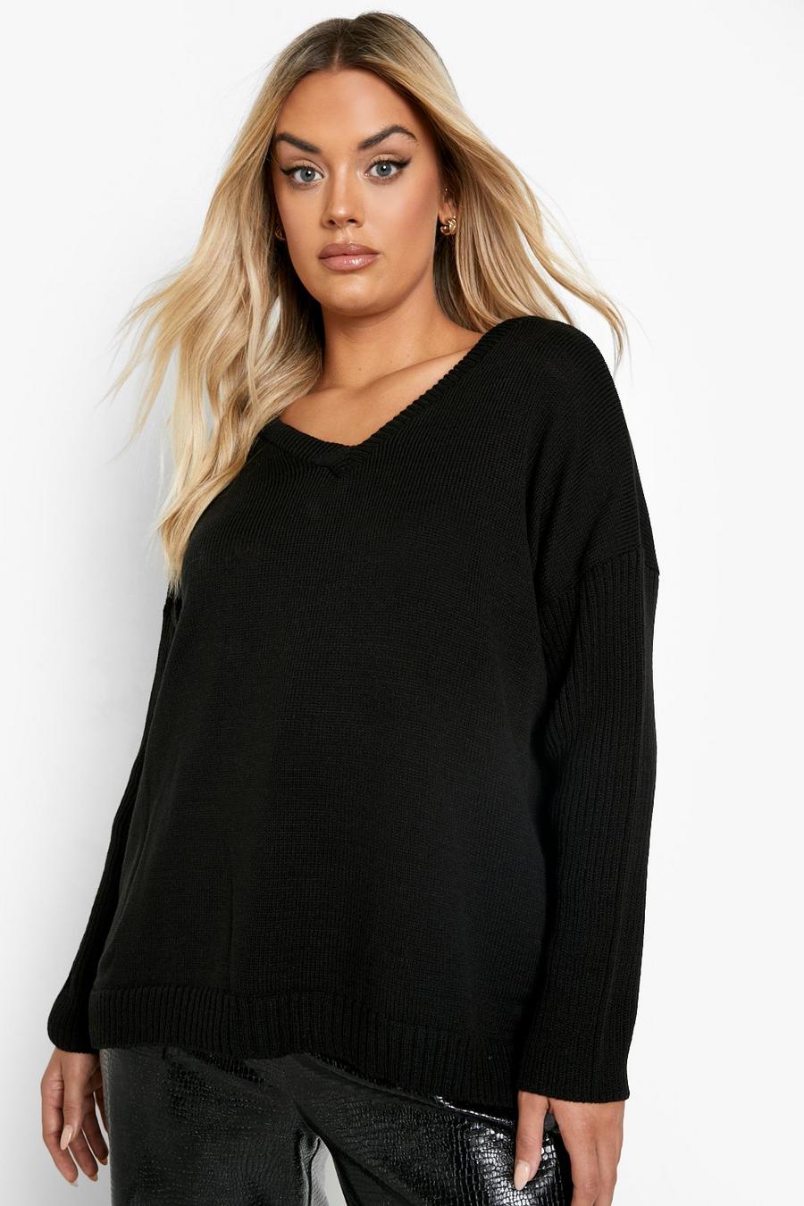 Black Plus Sweater With V Neck Detail Front And Back image number 1