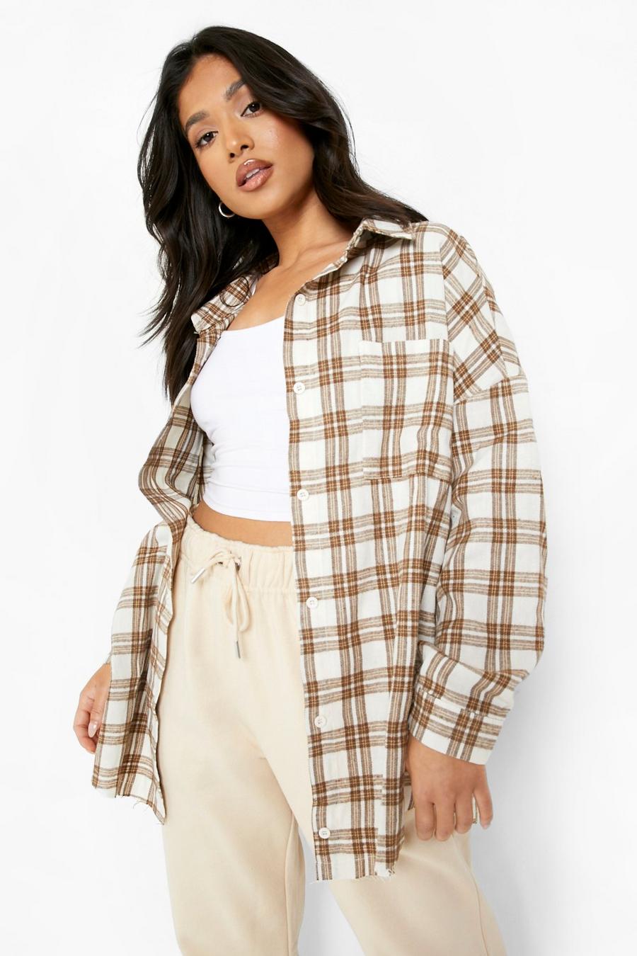 Brown Petite Oversized Frayed Check Shirt image number 1
