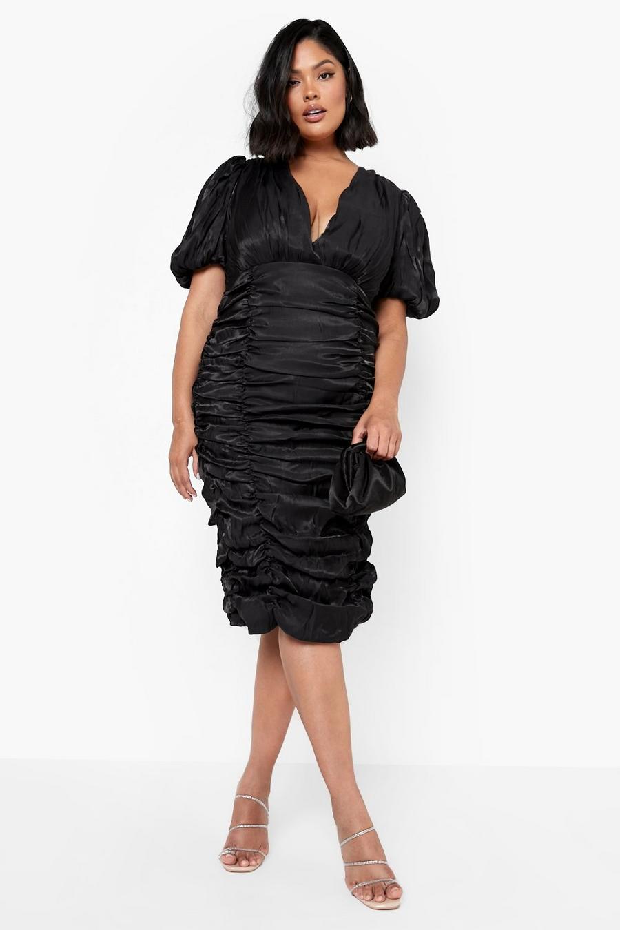 Black Plus Satin Puff Sleeve Midi Dress image number 1