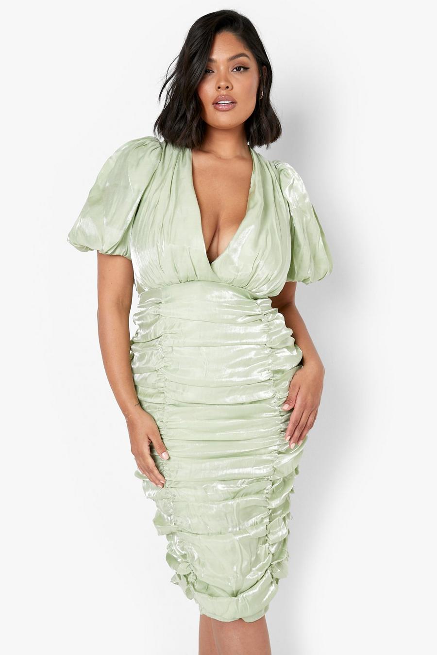Sage green Plus Satin Puff Sleeve Midi Dress