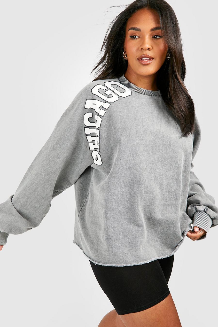 Charcoal grå Plus - Chicago Sweatshirt med stentvättad effekt image number 1