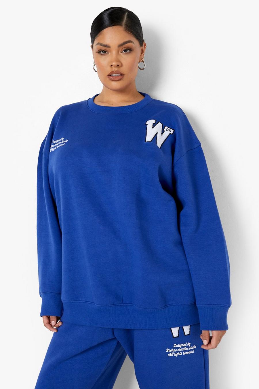 Plus Sweatshirt mit Woman-Stickerei, Cobalt image number 1