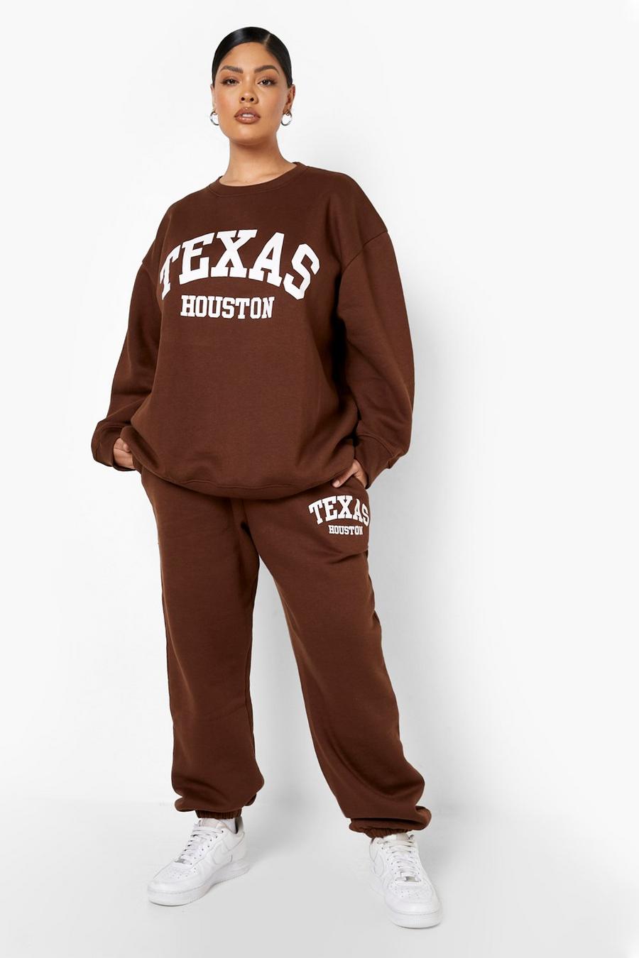 Pantaloni tuta Plus Size oversize con scritta Texas, Chocolate marrón image number 1