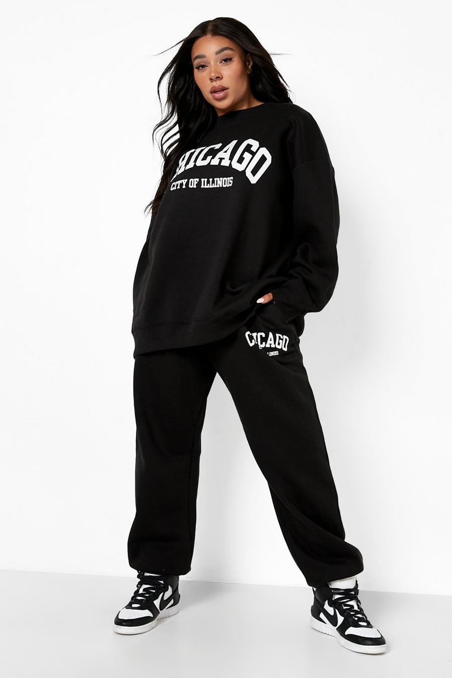 Pantaloni tuta Plus Size oversize con scritta Chicago, Black image number 1
