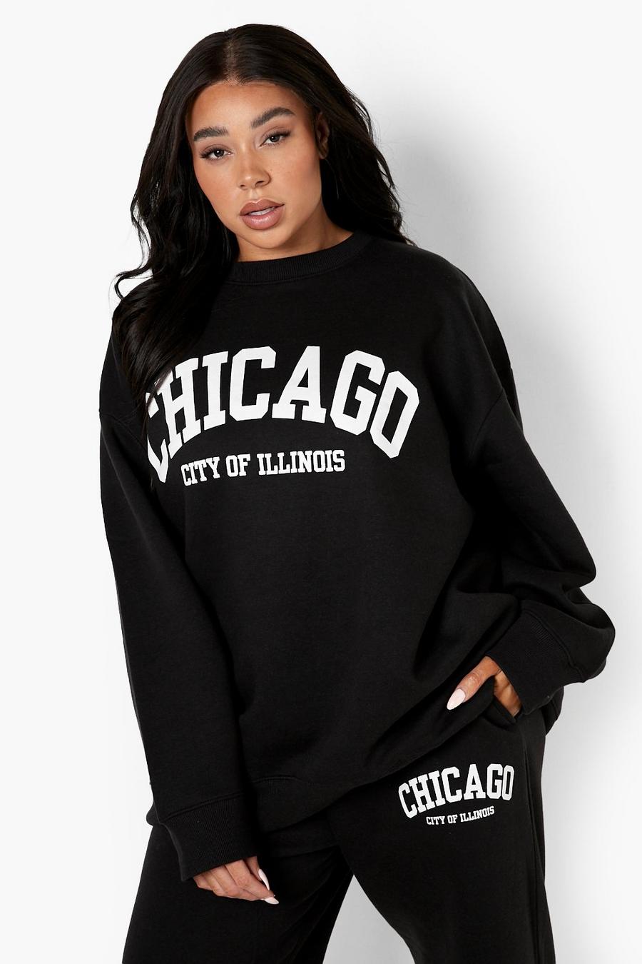 Plus Oversize Sweatshirt mit Chicago-Print, Black image number 1