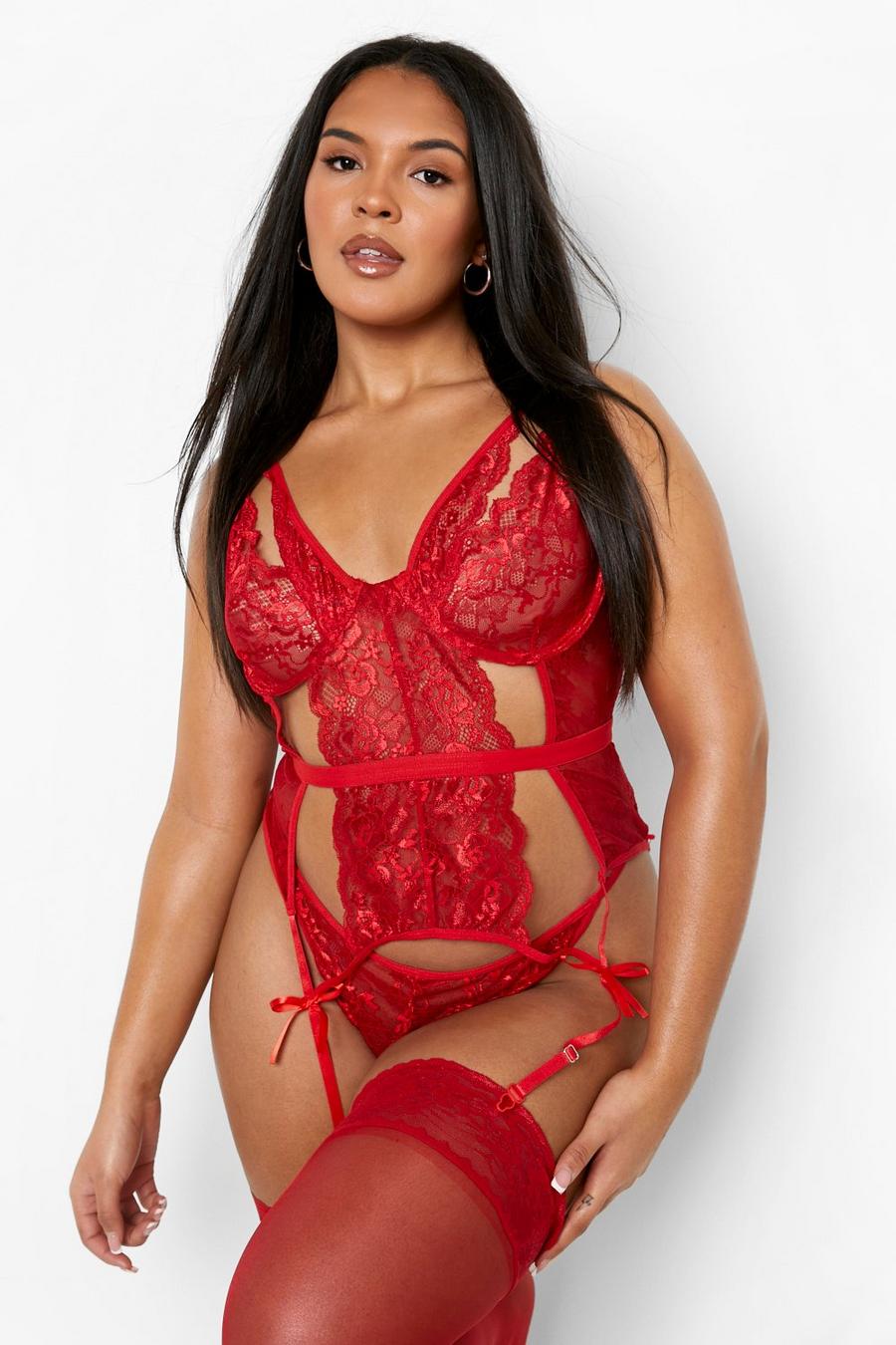 Red Plus Cut Out Basque And String Set image number 1
