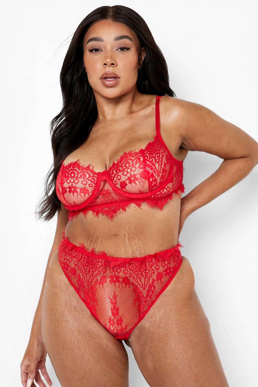 Red Plus High Waist Lace Bra Set image number 1