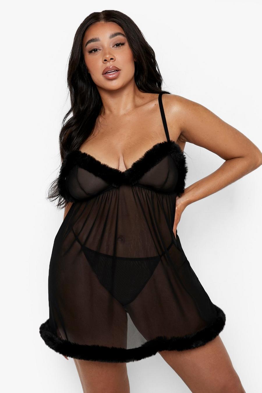 Black Plus Fluffy Cup And Mesh Babydoll image number 1