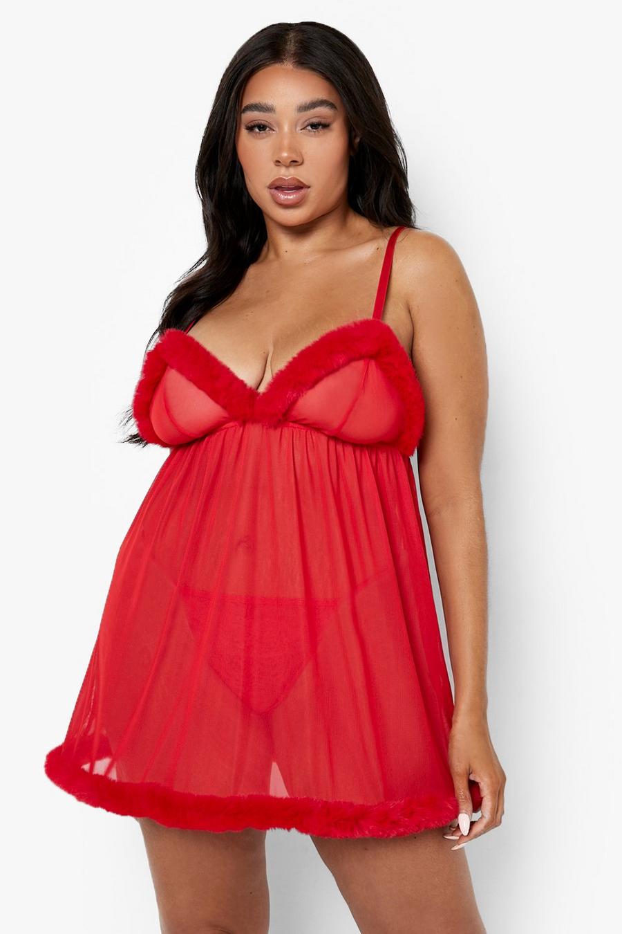 Red rouge Plus Fluffy Cup And Mesh Babydoll