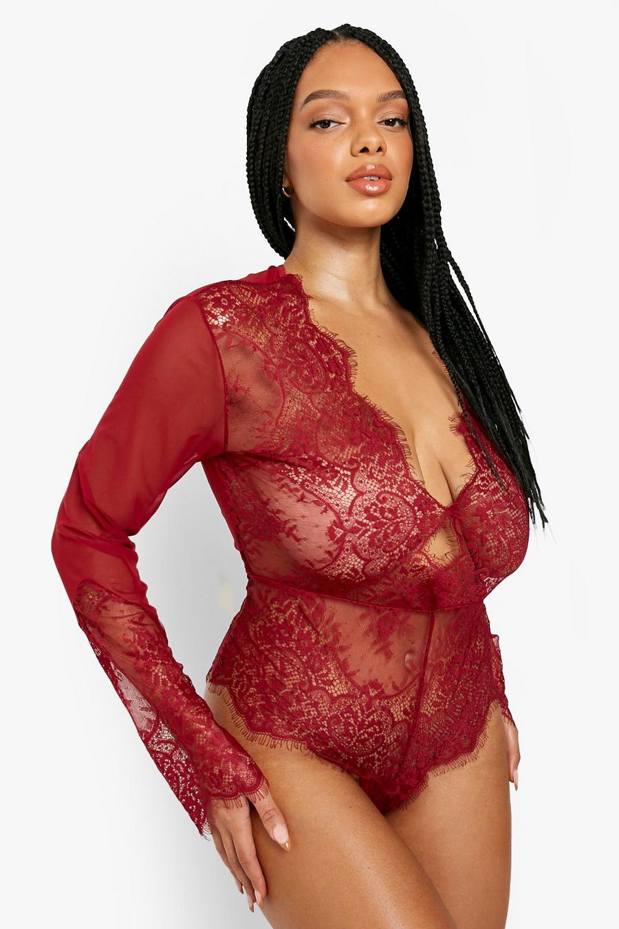 Red Plus Long Sleeve Plunge Lace Bodysuit image number 1