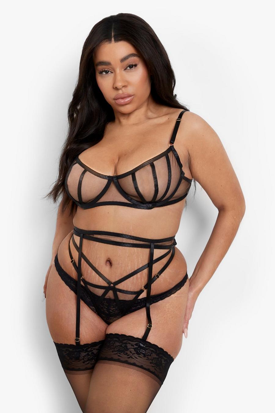 Black Plus Underwired Binding 3 Piece Lingerie Set image number 1