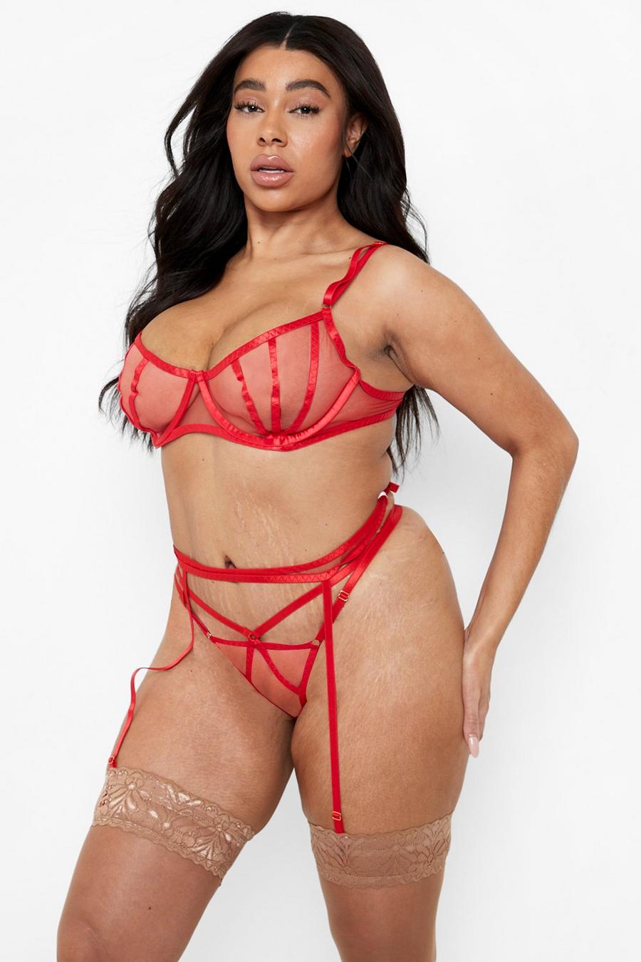 Red Underwired Binding Mesh 3 Piece Lingerie Set