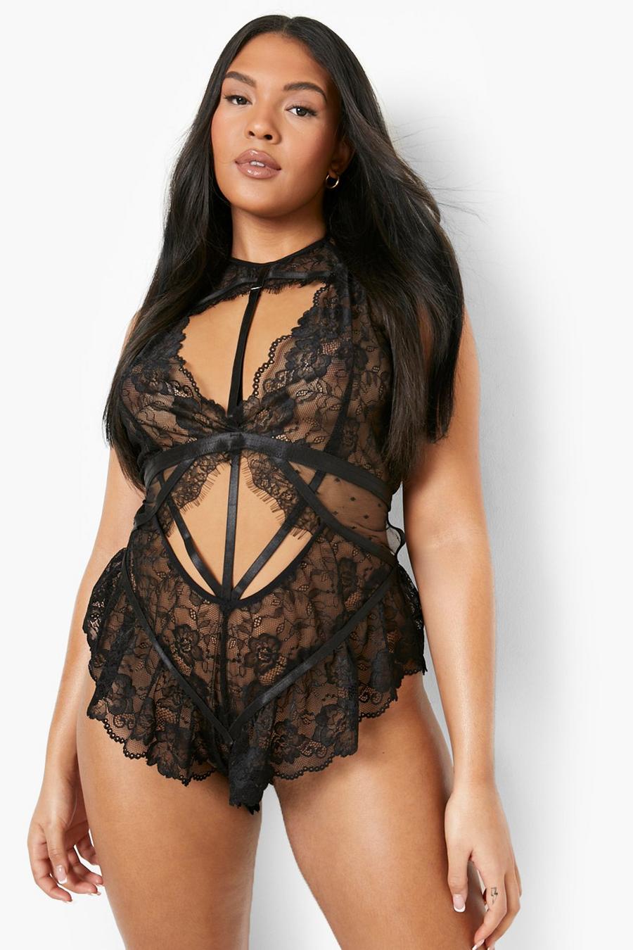 Black Plus Lace Frill Strappy Body image number 1