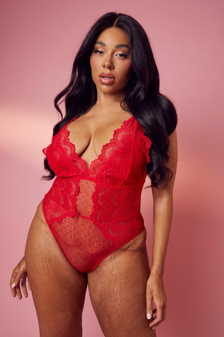 Red Plus Spot Mesh And Fan Lace Bodysuit image number 1