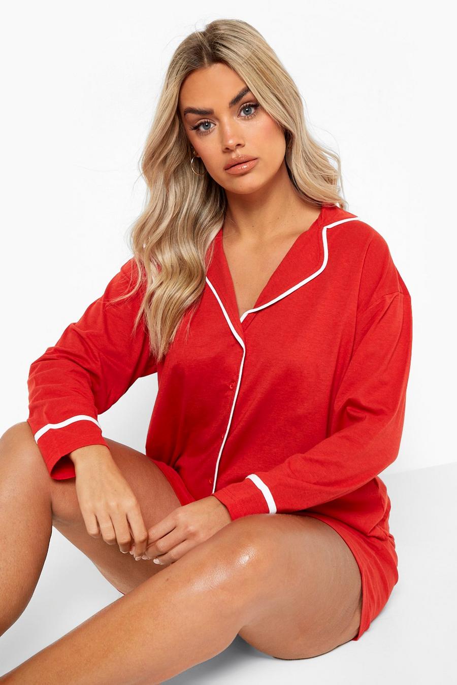 Red Plus Long Sleeve Button Jersey T-shirt Pj Set image number 1