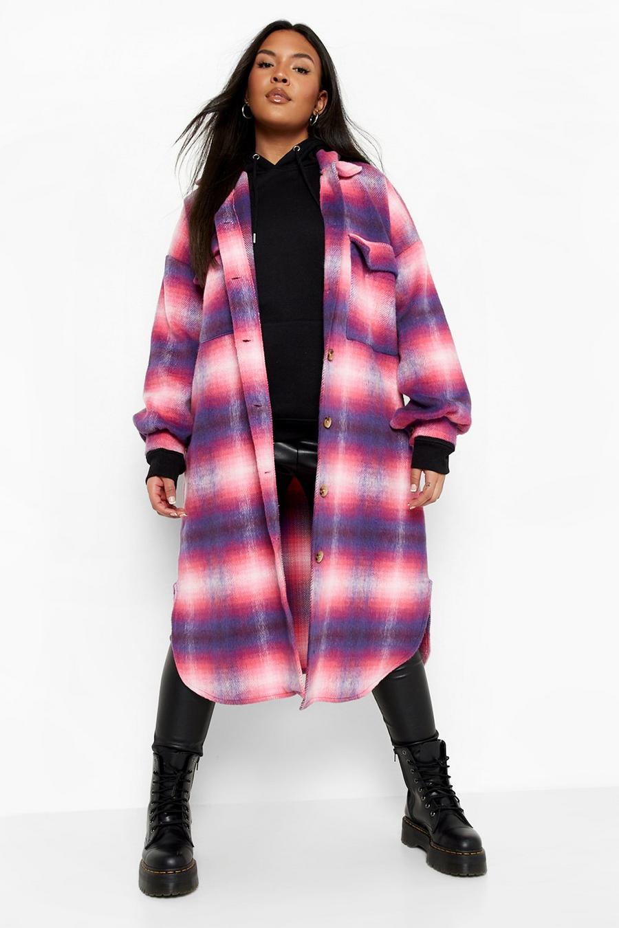Hot pink Plus Longline Checked Shacket image number 1