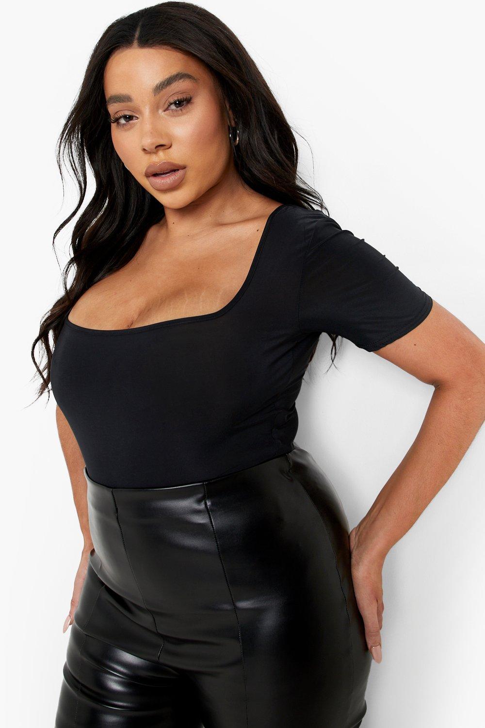 Plus Size Faux Leather Scoop Neck Bodysuit