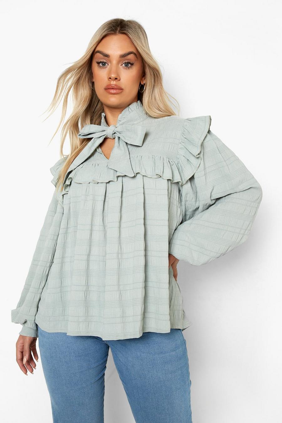 Sage green Plus Pussybow Crinkle Smock Blouse image number 1