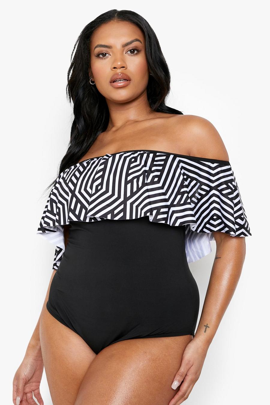 Black Plus Bardot Aztec Print Swimsuit