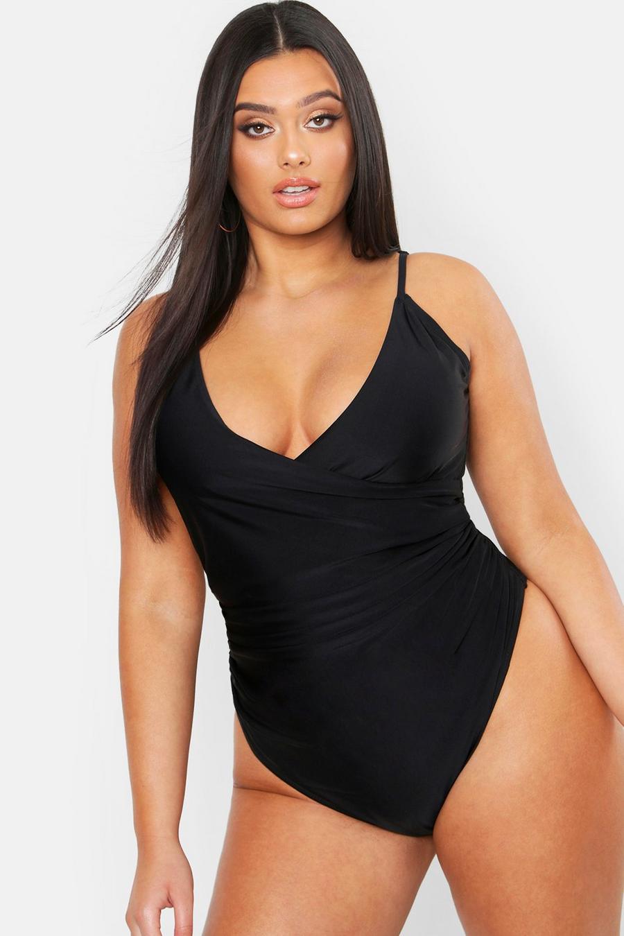 Black Plus Control Wrap Over Swimsuit image number 1