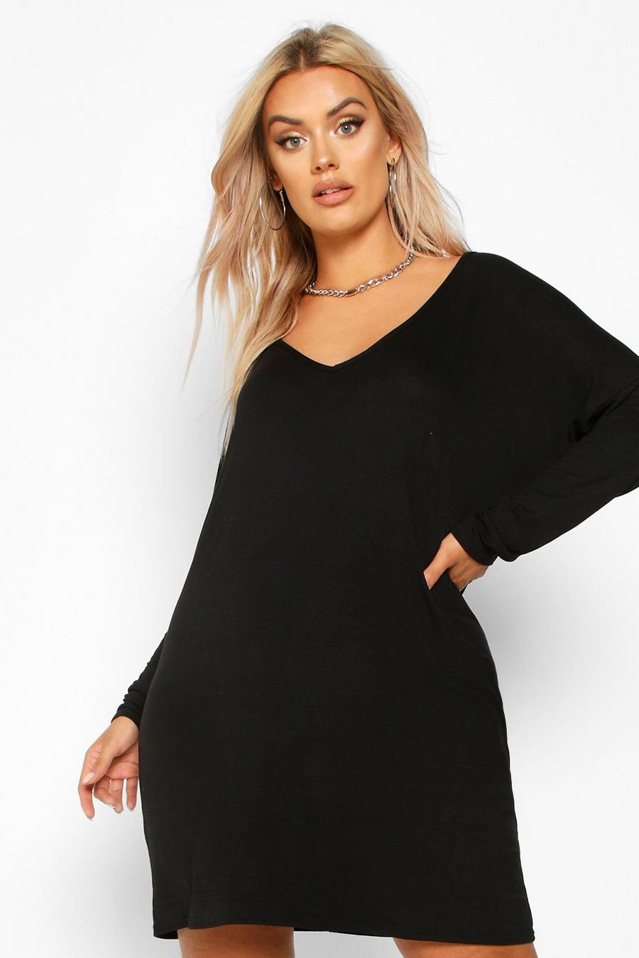 Plus Oversize Basic T-Shirt-Kleid mit V-Ausschnitt, Black schwarz