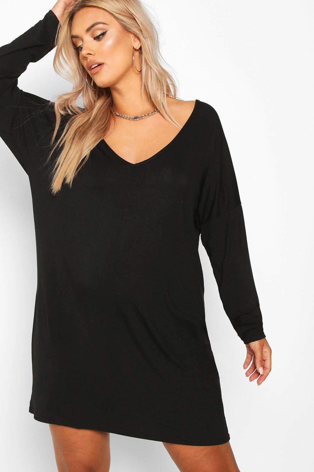 Plus Oversize Basic T Shirt Kleid mit V Ausschnitt