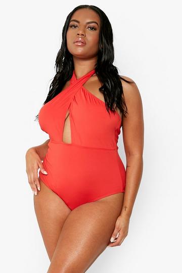 Plus Wrap Front Halter Swimsuit red