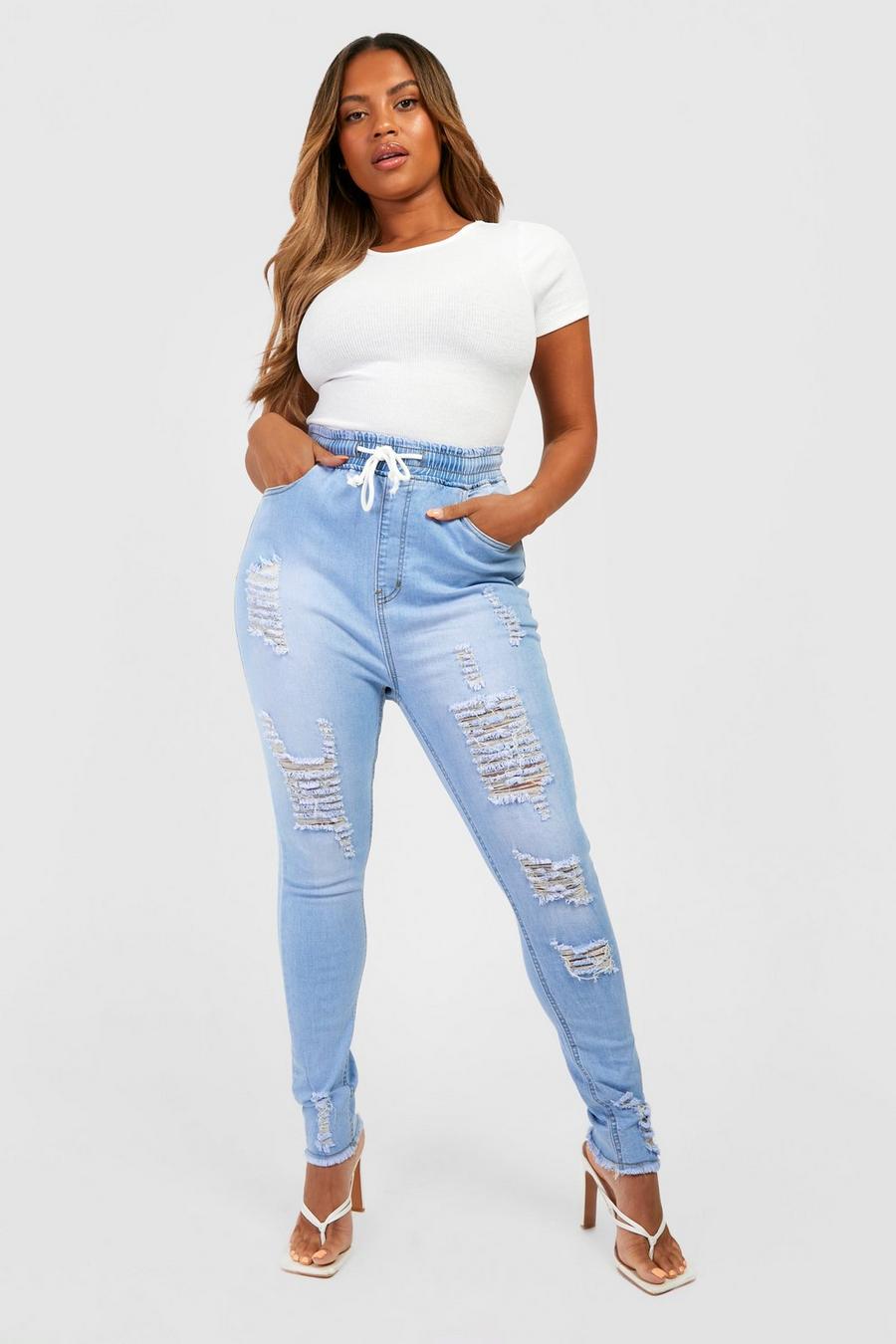Jeans Plus Size Skinny Fit con vita elasticizzata e smagliature, Light wash azul