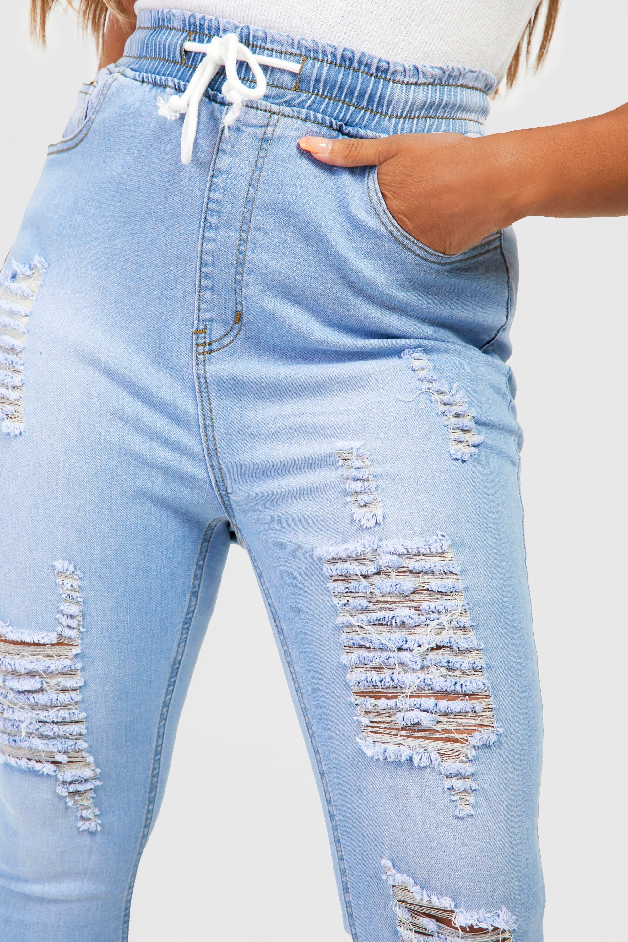 Women's Plus Elasticated Waist Distressed Skinny Jeans | Boohoo UK