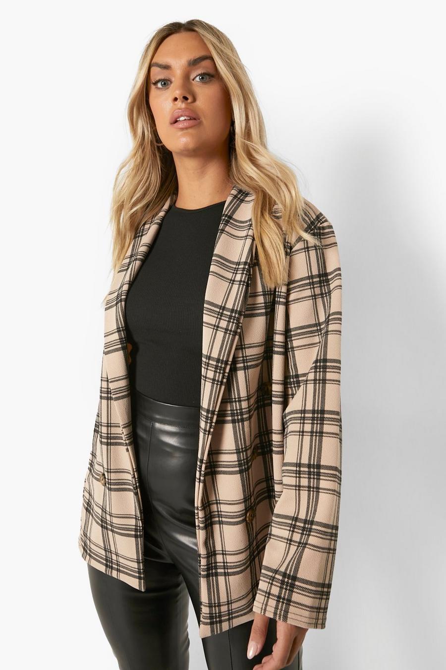 Beige Plus Tonal Check Double Breasted Blazer image number 1