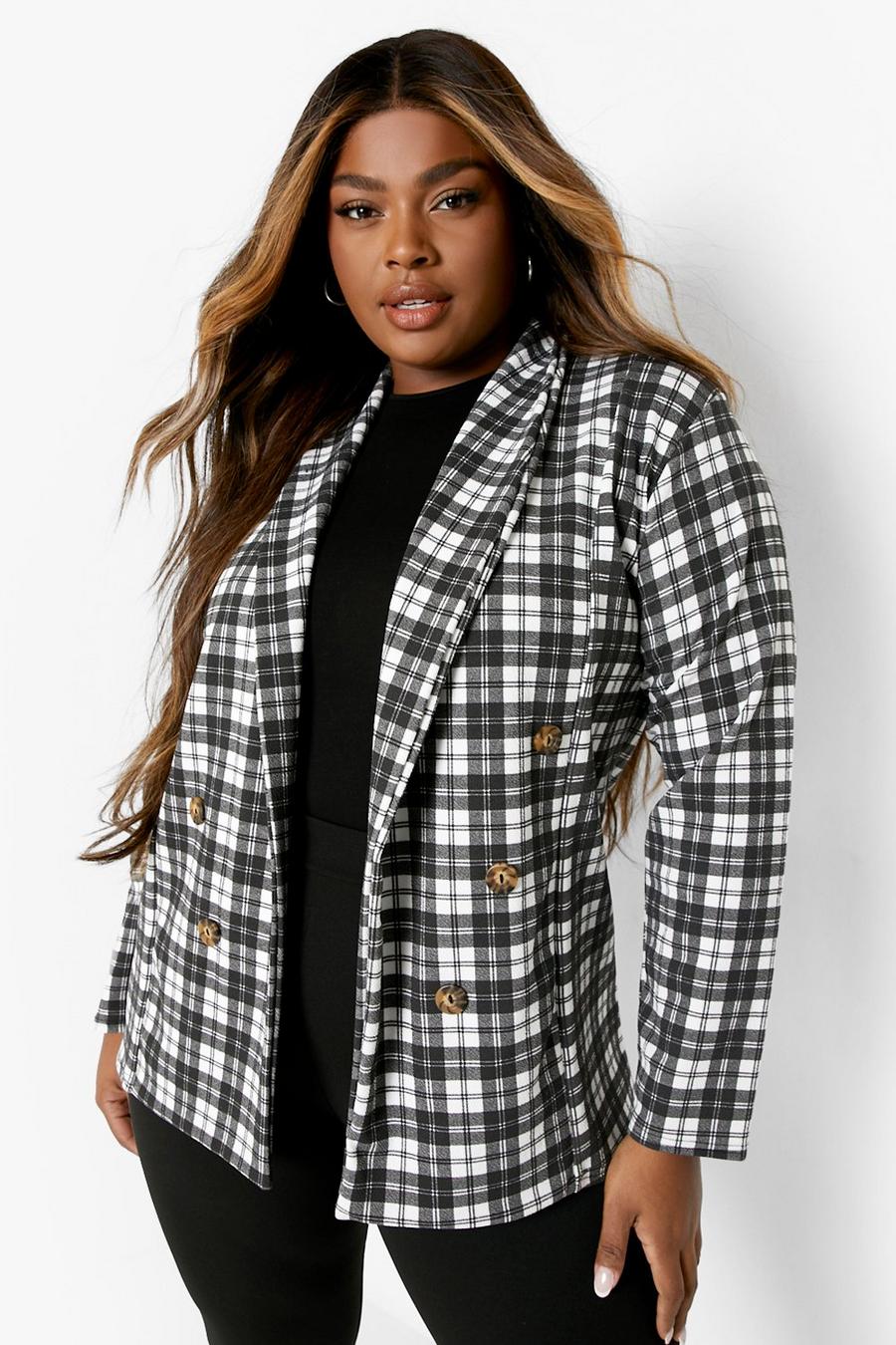 Black Plus Checked Double Breasted Blazer image number 1