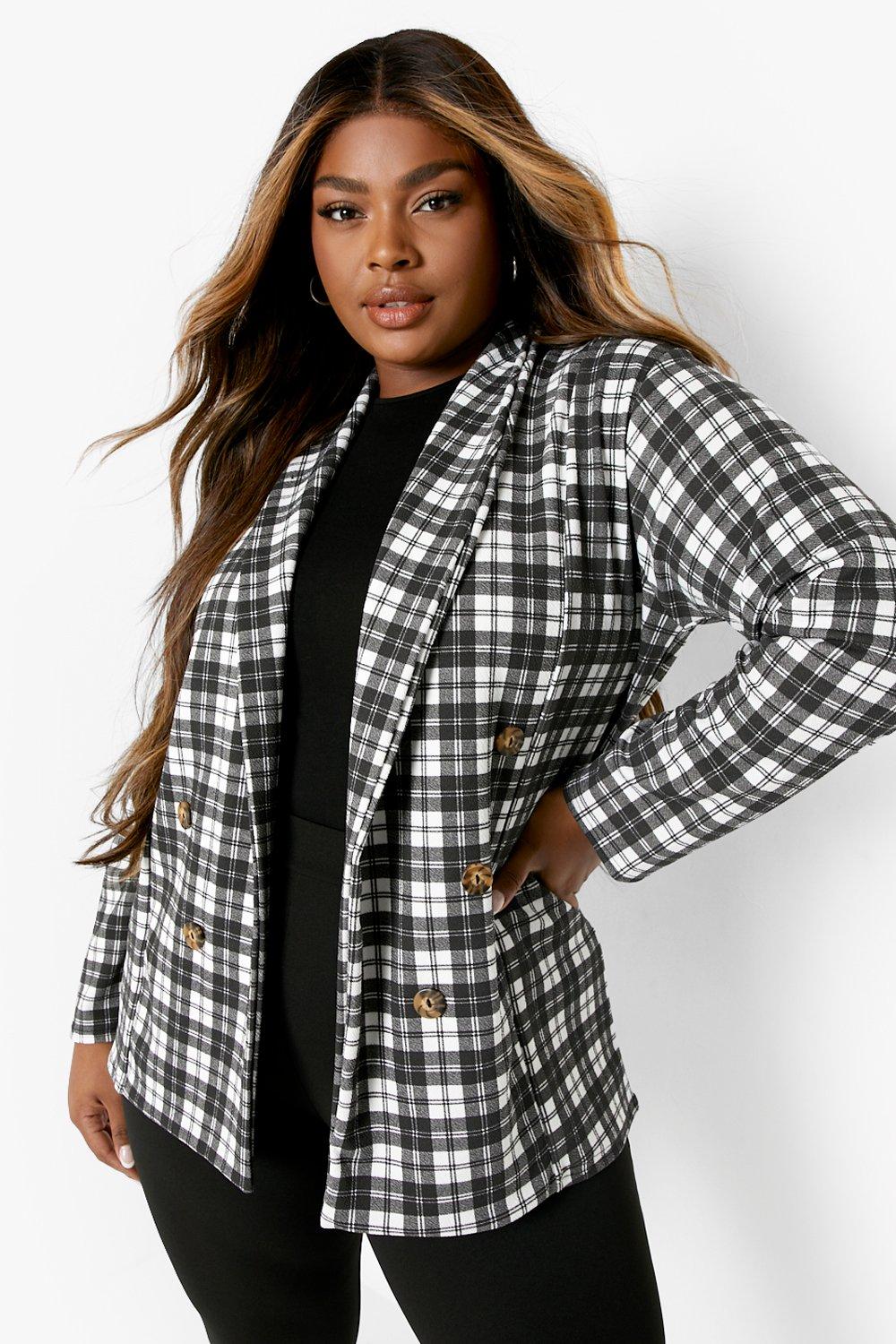 Plus Checked Double Breasted Blazer