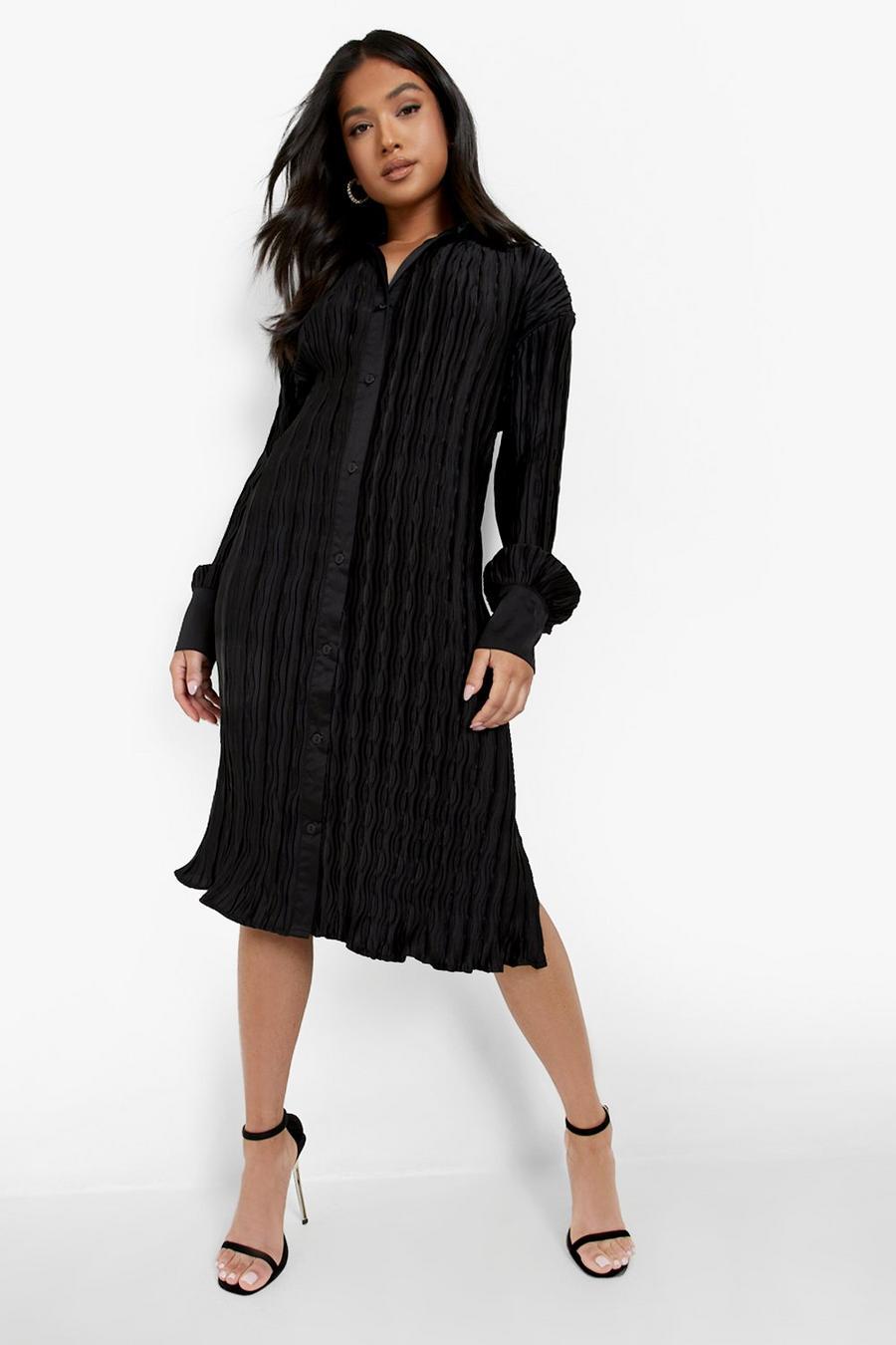 Black Petite Pleated Plisse Midi Shirt Dress image number 1